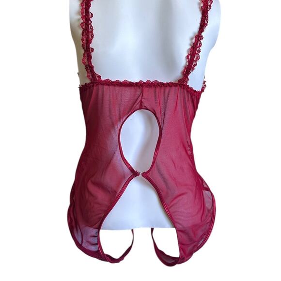 Erotic Red Lace Open Bust Hollow Out Open Crotch Bodysuit Sexy Lingerie - Picture 7 of 9